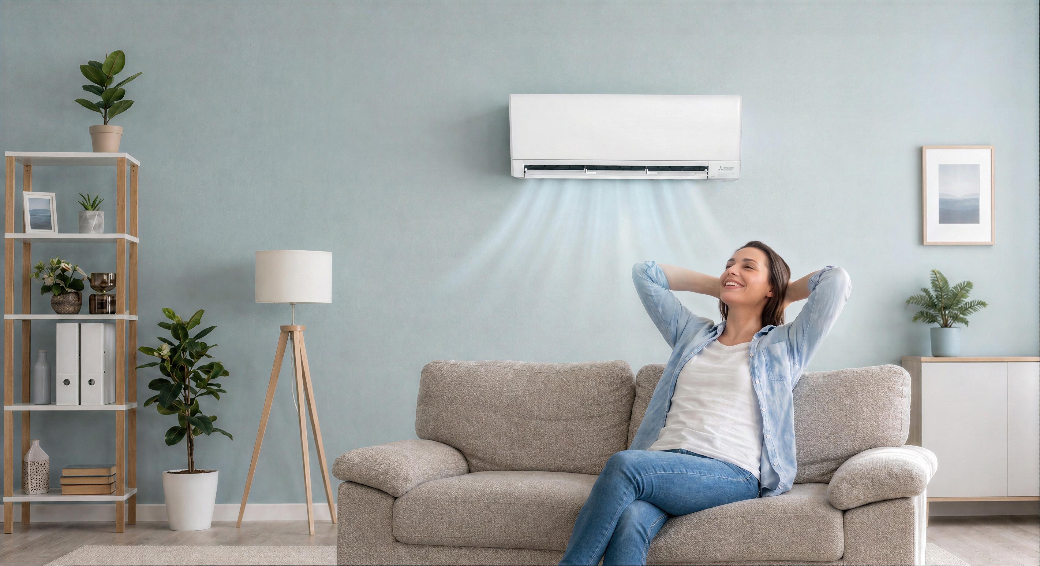 Femme détendue dans son salon bénéficiant d'un air frais et pur sous une climatisation nettoyée par ClimCare 83
